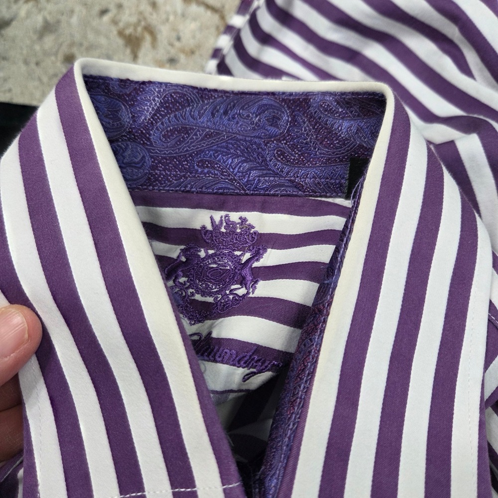 English Laundry Mens Striped Dress Shirt Purple White Button Down 16 1/2 34 35 - Picture 10 of 10
